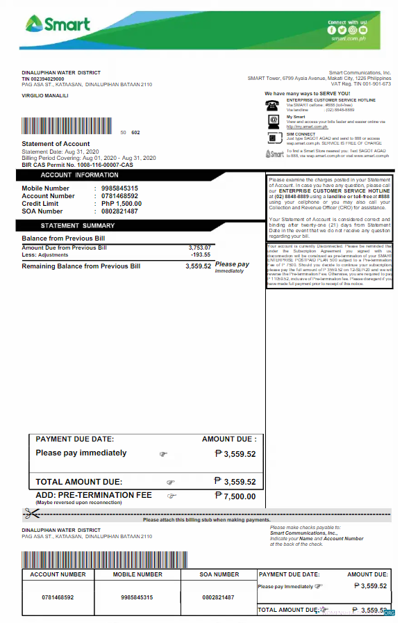 download download PHILIPPINES SMART utility bill Word and PDF template PDF template PDF template
